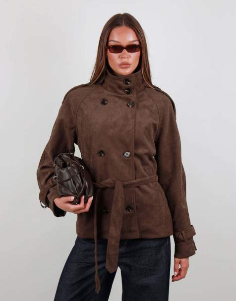 Simmi London Faux suede funnel collar trench coat in brown - view 1