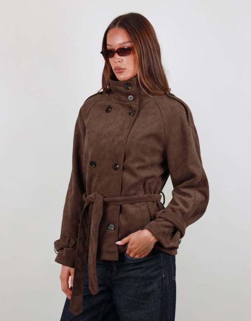 Simmi London Faux suede funnel collar trench coat in brown, 2 of 4