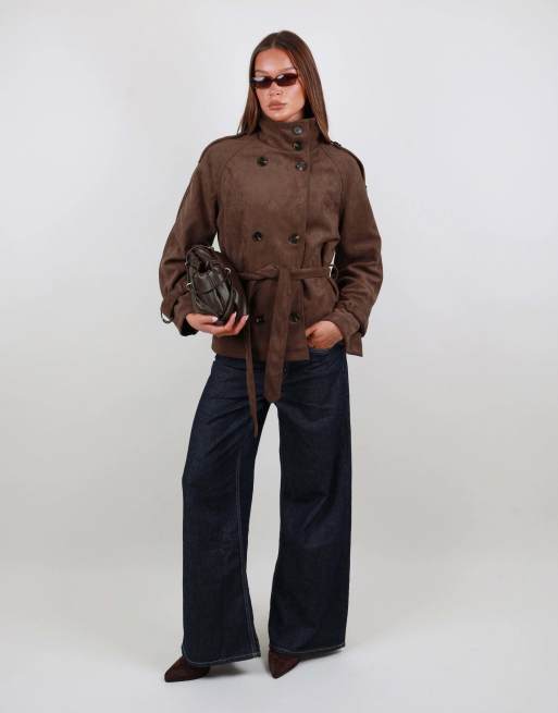 Simmi London Faux suede funnel collar trench coat in brown, 3 of 4