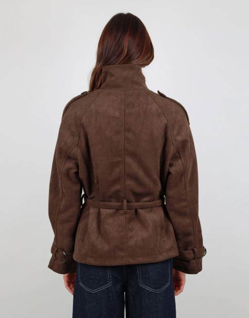 Simmi London Faux suede funnel collar trench coat in brown, 4 of 4