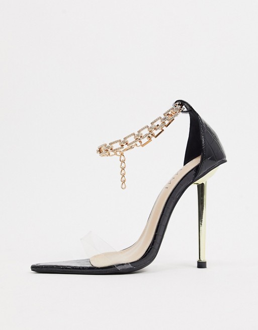 Simmi London Felicia heeled sandals with diamante anklet in black