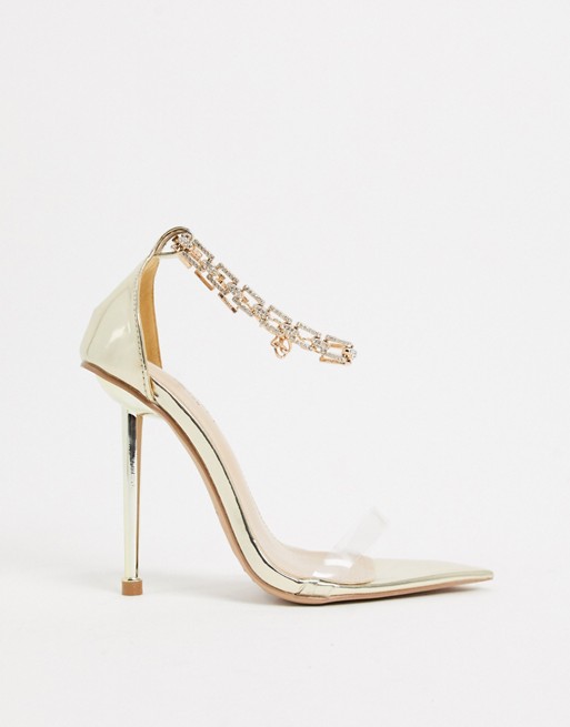 Simmi London Felicia heeled sandals with diamante anklet in light gold