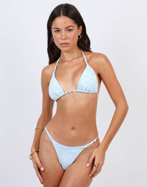 Simmi London Floral textured triangle bikini top in blue