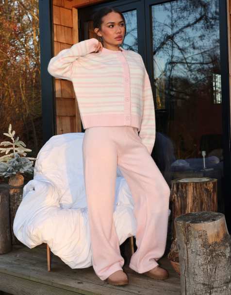 Simmi London fluffy knit stripe cardigan & trousers in baby pink - view 1