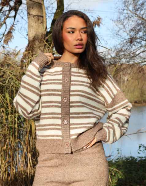 Simmi London fluffy knit stripe cardigan & trousers in brown - view 1