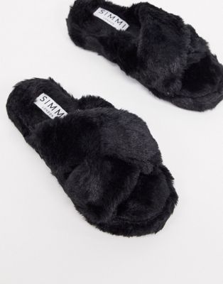 fluffy sandals black
