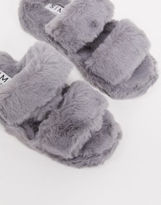 grey fluffy slippers womens