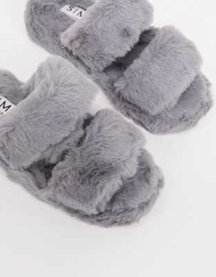 grey fluffy sandals