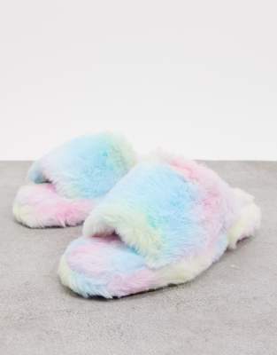 fluffy slippers rainbow