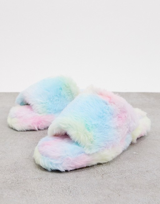 Simmi London fluffy slippers in rainbow