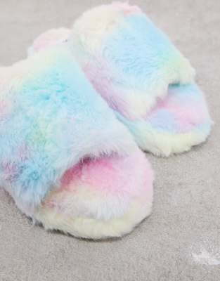 fluffy rainbow slippers