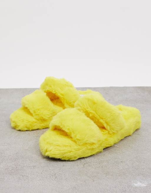 Simmi London fluffy slippers in yellow | ASOS