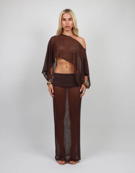 Simmi London Foldover sheer knit maxi skirt in brown - view 1