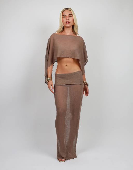 Simmi London Foldover sheer knit maxi skirt in mocha, 2 of 4