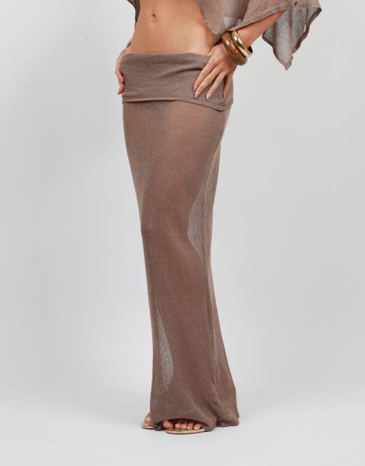 Simmi London Foldover sheer knit maxi skirt in mocha, 3 of 4