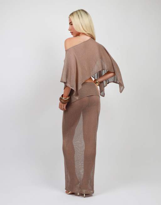 Simmi London Foldover sheer knit maxi skirt in mocha, 4 of 4