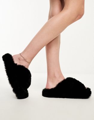 Simmi London Fuzzy cross strap slippers in black - ASOS Price Checker