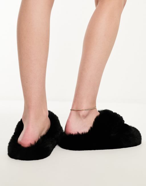 Cross strap fur slippers hot sale