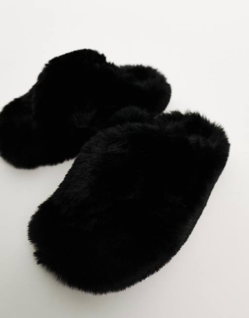 Simmi London Fuzzy cross strap slippers in black