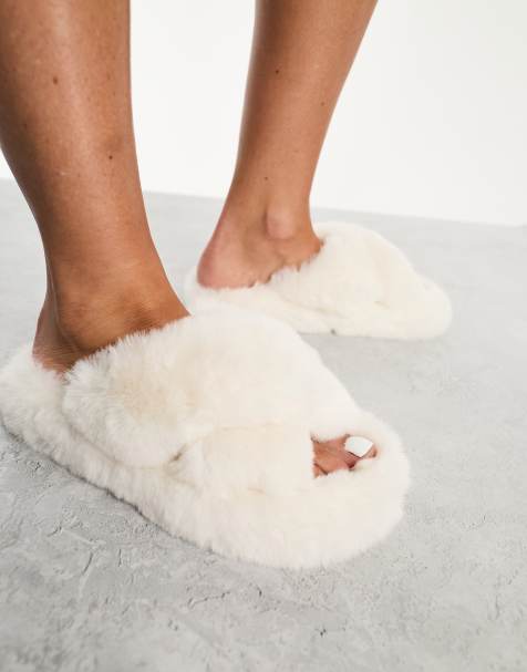 Yours Women's Cross Strap Faux Fur Slippers