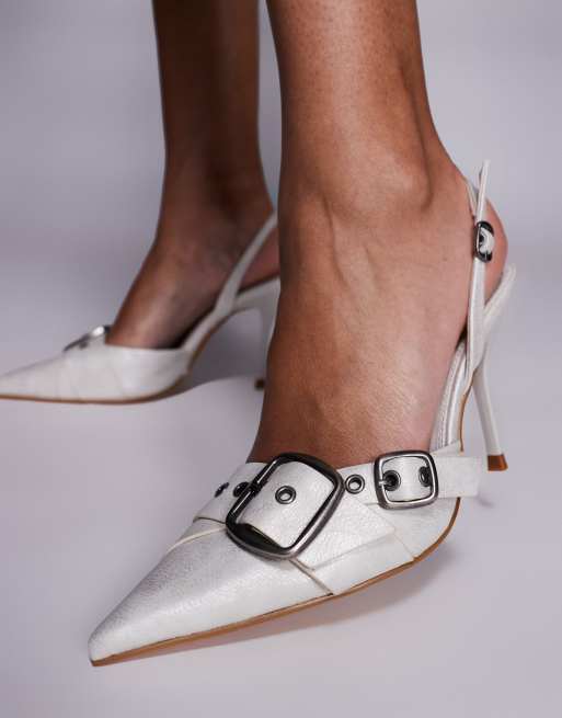 Simmi London Gretchen slingback heeled shoes with buckle detail in vintage white