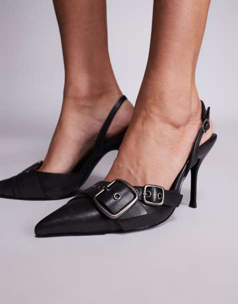 Simmi London Gretchen slingback heeled shoes with buckle detail in washed black - view 1