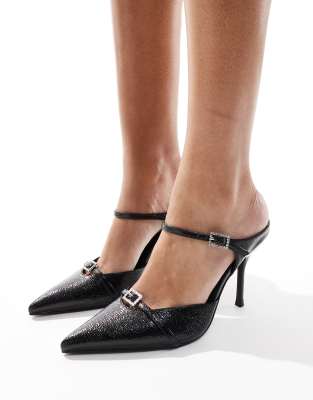 Simmi London Gretta pointed heeled mules with embellished buckles in black sparkle