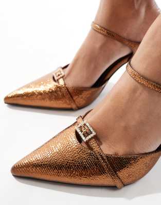 Simmi London Gretta pointed heeled mules with embellished buckles in bronze sparkle-Brown