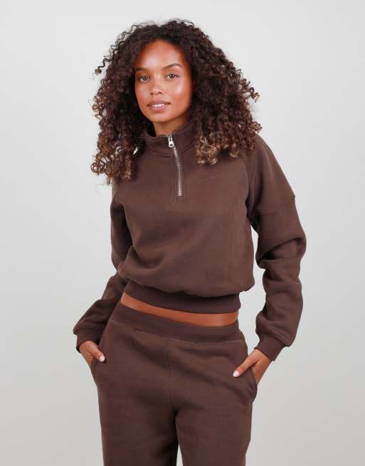 Simmi London Half zip cropped sweatshirt in brown, 2 of 6
