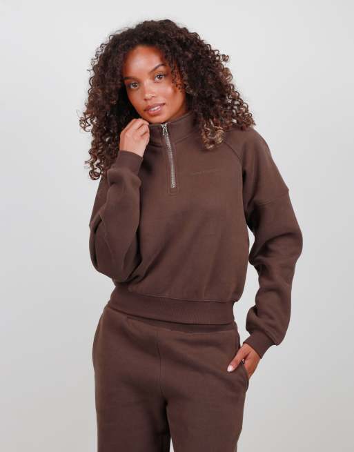 Simmi London Half zip cropped sweatshirt in brown, 4 of 6