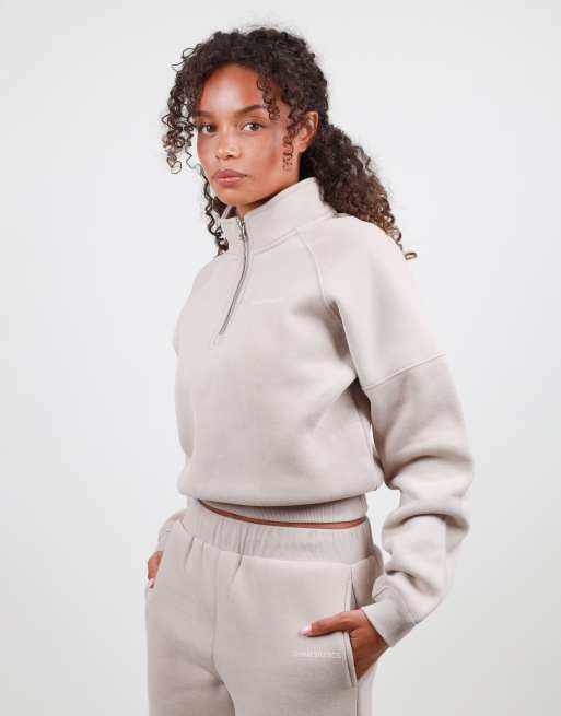 Simmi London Half zip cropped sweatshirt in stone, 2 of 5