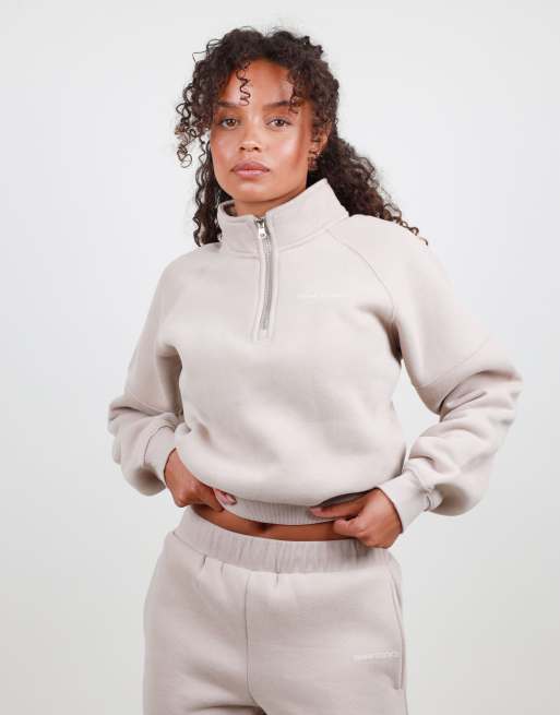 Simmi London Half zip cropped sweatshirt in stone, 3 of 5