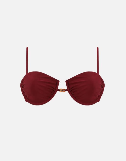 Simmi London Halter bikini top with bead detail in burgundy, 3 of 4