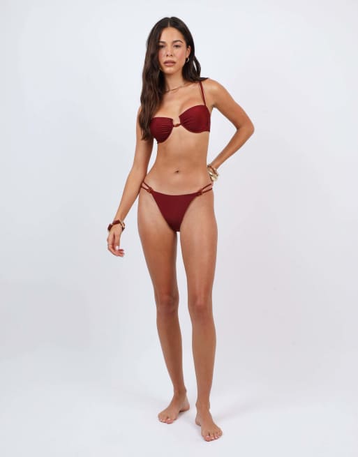 Simmi London Halter bikini top with bead detail in burgundy, 4 of 4
