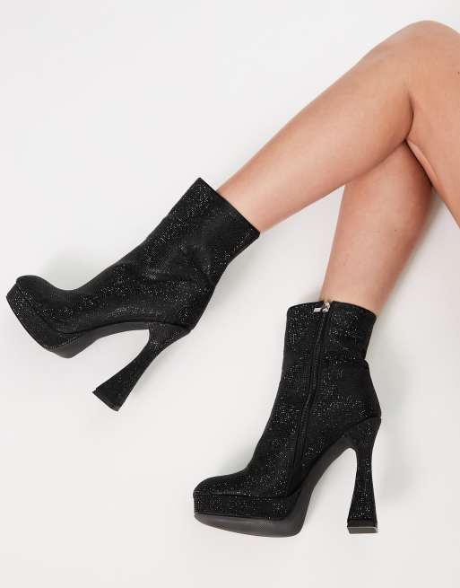 Sock Knee Boots in Black Rhinestone