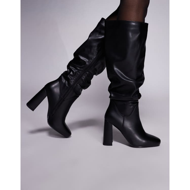 Simmi London Hanzel ruched block heeled knee boots in black | ASOS