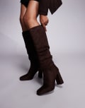 [SIMMI Shoes] SIMMI London Hanzel ruched block heeled knee boots in chocolate faux suede-Brown 37 CHOC MICRO