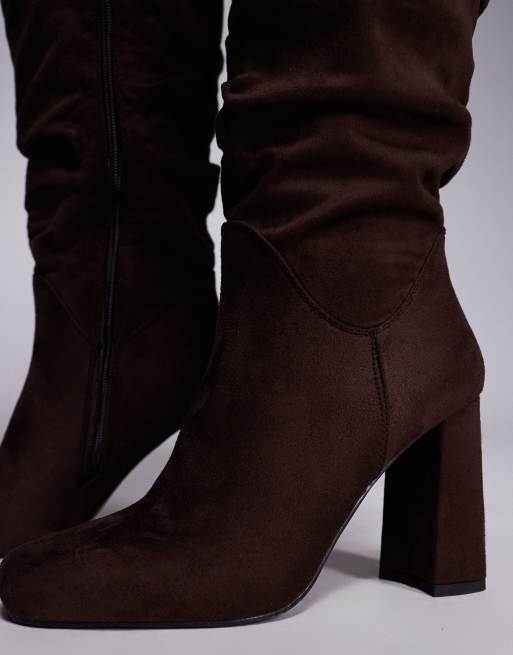 Simmi London Hanzel ruched block heeled knee boots in chocolate faux suede