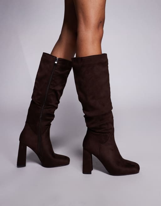 Simmi London Hanzel ruched block heeled knee boots in chocolate faux suede