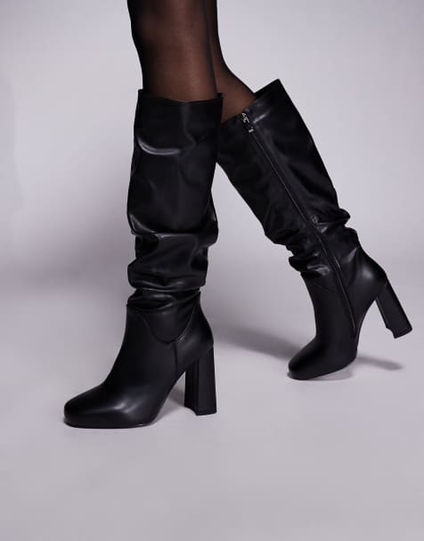 Simmi London Hanzel Wide Fit ruched block heeled knee boots in black - view 1