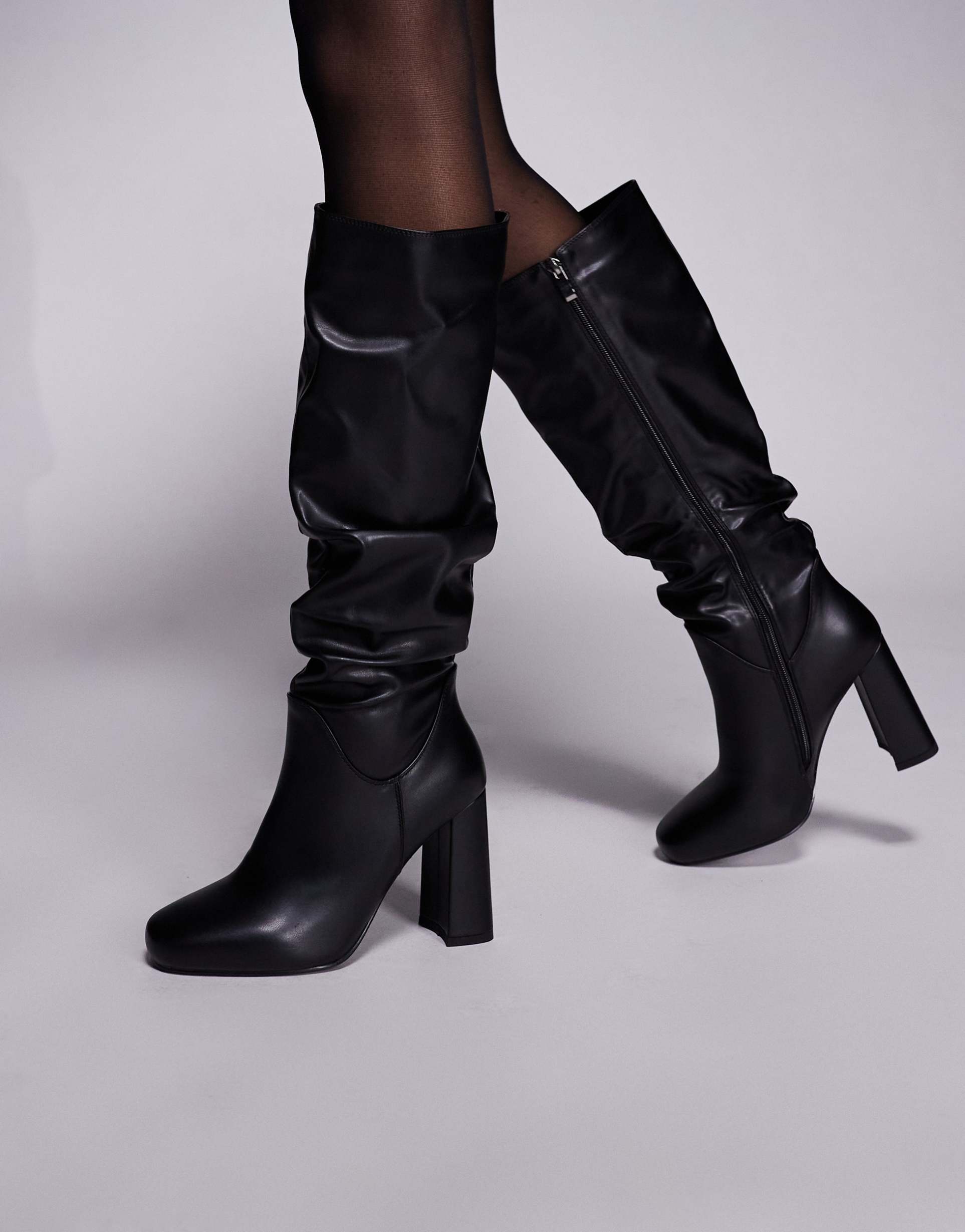 simmi london hanzel wide fit ruched block heeled knee boots in black