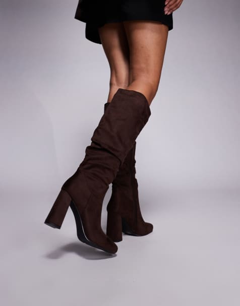 Simmi London Hanzel Wide Fit ruched block heeled knee boots in chocolate faux suede - view 1