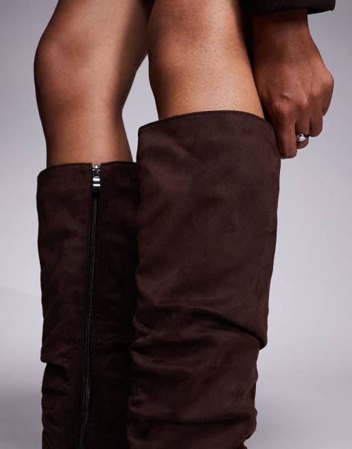 Simmi London Hanzel Wide Fit ruched block heeled knee boots in chocolate faux suede