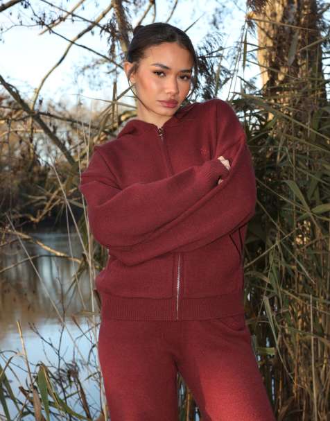 Simmi London Harper knitted zip hoodie in burgundy - view 1