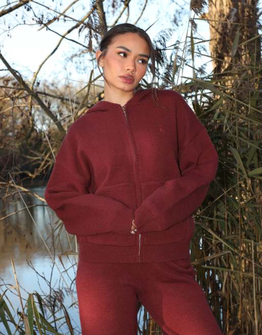 Simmi London Harper knitted zip hoodie in burgundy, 3 of 4