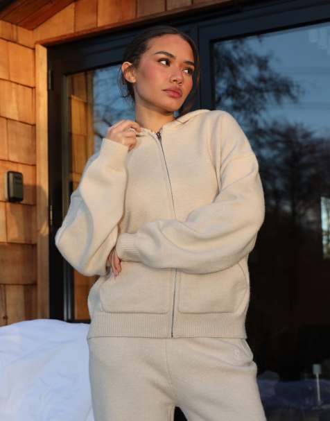Simmi London Harper knitted zip hoodie in lt beige - view 1