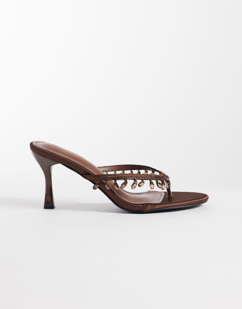Simmi London heeled toe post sandals in brown embellished - view 1