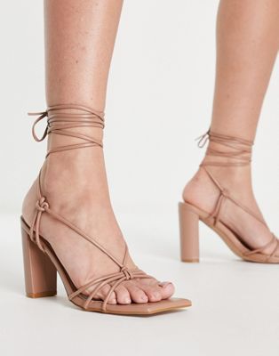 Simmi London Heidi heeled sandals with ankle tie in camel