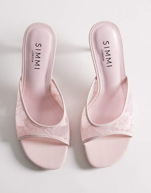 Simmi London - Illia - Lyserøde mule-sandaler med hæl og blonderemme, 2 af 4