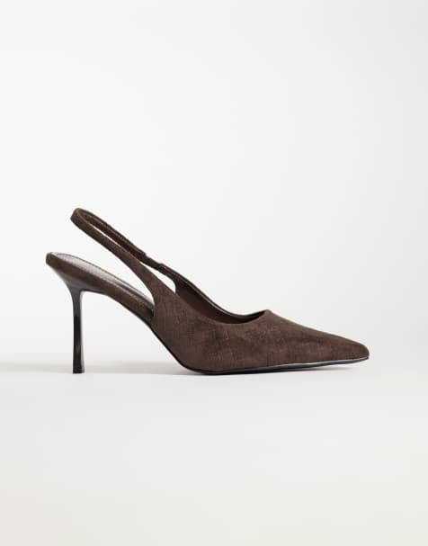 Simmi London Inara buty na obcasie z paskiem za piętą w brązowej tłoczonej imitacji zamszu - view 1